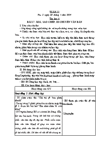Kế hoạch bài dạy Tin học Lớp 4 - Tuần 22, Bài 17: Xoá, sao chép, di chuyển văn bản - Năm học 2023-2024 - Trần Thị Long