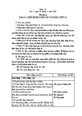 Kế hoạch bài dạy Tin học Lớp 4 - Tuần 23, Bài 18: Chèn hình ảnh vào văn bản (Tiết 1) - Năm học 2023-2024 - Trần Thị Long