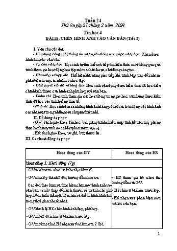 Kế hoạch bài dạy Tin học Lớp 4 - Tuần 24, Bài 18: Chèn hình ảnh vào văn bản (Tiết 2) - Năm học 2023-2024 - Trần Thị Long