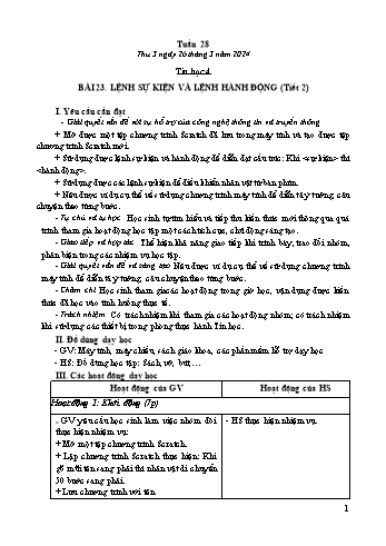 Kế hoạch bài dạy Tin học Lớp 4 - Tuần 28, Bài 23: Lệnh sự kiện và lệnh hành động (Tiết 2) - Năm học 2023-2024 - Trần Thị Long
