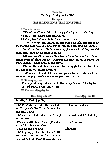 Kế hoạch bài dạy Tin học Lớp 4 - Tuần 30, Bài 25: Lệnh xoay trái, xoay phải - Năm học 2023-2024 - Trần Thị Long
