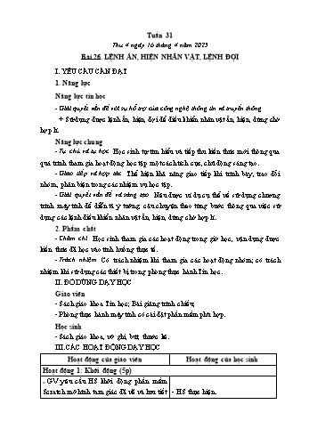 Kế hoạch bài dạy Tin học Lớp 4 - Tuần 31, Bài 26: Lệnh ẩn, hiện nhân vật, lệnh đợi - Năm học 2024-2025 - Trần Thị Long