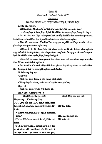 Kế hoạch bài dạy Tin học Lớp 4 - Tuần 31, Bài 26: Lệnh ẩn, hiện nhân vật, lệnh đợi - Năm học 2023-2024 - Trần Thị Long