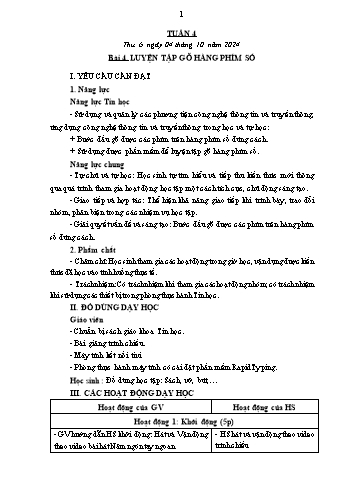 Kế hoạch bài dạy Tin học Lớp 4 - Tuần 4, Bài 4: Luyện tập gõ hàng phím số - Năm học 2024-2025 - Trần Thị Long