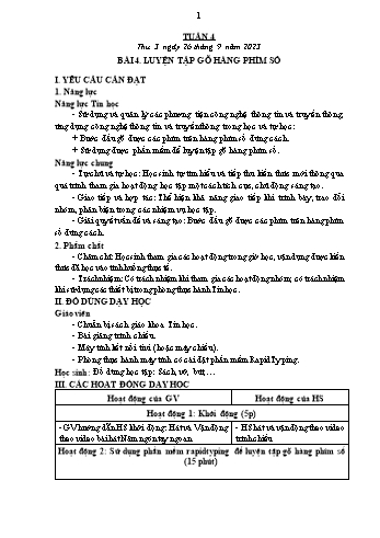 Kế hoạch bài dạy Tin học Lớp 4 - Tuần 4, Bài 4: Luyện tập gõ hàng phím số - Năm học 2023-2024 - Trần Thị Long