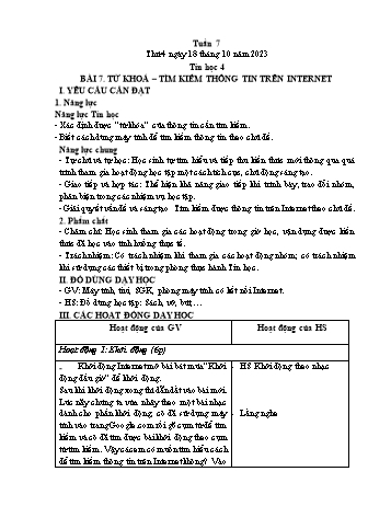 Kế hoạch bài dạy Tin học Lớp 4 - Tuần 7, Bài 7: Từ khoá – tìm kiếm thông tin trên Internet - Năm học 2023-2024 - Trần Thị Long
