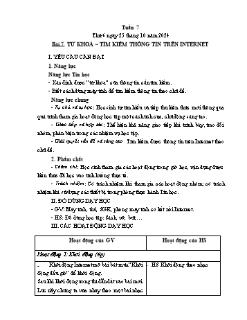 Kế hoạch bài dạy Tin học Lớp 4 - Tuần 7, Bài 7: Từ khoá – tìm kiếm thông tin trên Internet - Năm học 2024-2025 - Trần Thị Long
