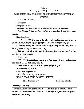 Kế hoạch bài dạy Tin học Lớp 5 - Bài 10: Chọn, xóa, sao chép, di chuyển một đoạn văn bản (Tiết 1) - Năm học 2024-2025 - Trần Thị Long