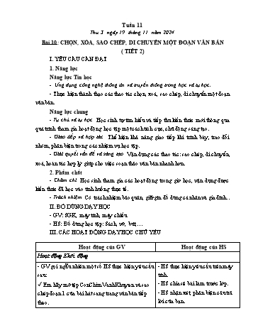 Kế hoạch bài dạy Tin học Lớp 5 - Bài 10: Chọn, xóa, sao chép, di chuyển một đoạn văn bản (Tiết 2) - Năm học 2024-2025 - Trần Thị Long