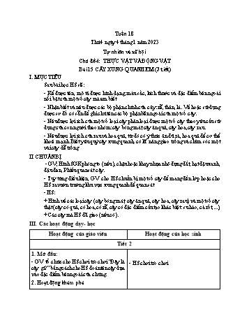 Kế hoạch bài dạy Tự nhiên và Xã hội Lớp 1 (Kết nối tri thức) - Chủ đề 4: Thực vật và động vật - Tuần 18, Bài 15: Cây xung quanh em (Tiết 2+3) - Năm học 2022-2023 - Trần Thị Long