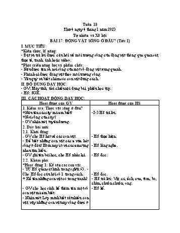 Kế hoạch bài dạy Tự nhiên và Xã hội Lớp 2 (Kết nối tri thức) - Tuần 18, Bài 17: Động vật sống ở đâu? (Tiết 1+2) - Năm học 2022-2023 - Trần Thị Long
