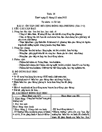 Kế hoạch bài dạy Tự nhiên và Xã hội Lớp 2 (Kết nối tri thức) - Tuần 16, Bài 15: Ôn tập chủ đề cộng đồng địa phương (Tiết 2+3) - Năm học 2022-2023 - Trần Thị Long