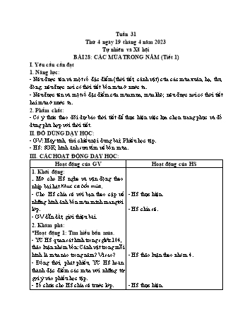 Kế hoạch bài dạy Tự nhiên và Xã hội Lớp 2 (Kết nối tri thức) - Tuần 31, Bài 28: Các mùa trong năm (Tiết 1+2) - Năm học 2022-2023 - Trần Thị Long
