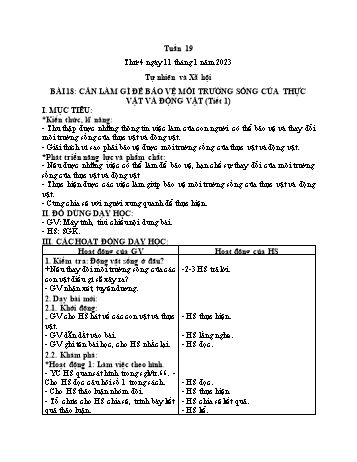 Kế hoạch bài dạy Tự nhiên và Xã hội Lớp 2 (Kết nối tri thức) - Tuần 19, Bài 18: Cần làm gì để bảo vệ môi trường sống của thực vật và động vật (Tiết 1+2) - Năm học 2022-2023 - Trần Thị Long