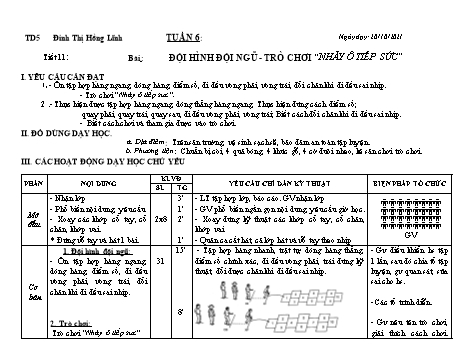 Giáo án Giáo dục thể chất 5 - Tiết 11, Bài: Đội hình đội ngũ. Trò chơi Nhảy ô tiếp sức - Năm học 2021-2022 - Đinh Thị Hồng Lĩnh