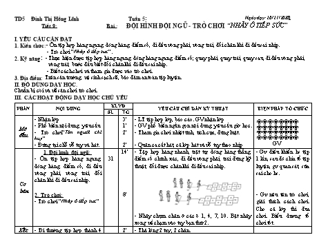 Giáo án Giáo dục thể chất 5 - Tuần 5, Tiết 9: Đội hình đội ngũ. Trò chơi Nhảy ô tiếp sức - Năm học 2021-2022 - Đinh Thị Hồng Lĩnh