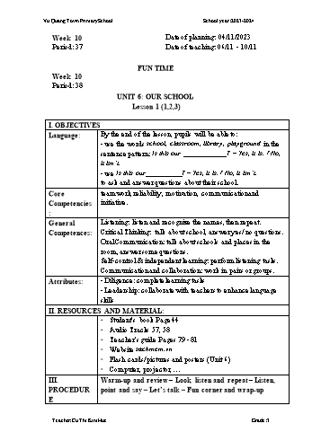 Giáo án Tiếng Anh 3 - Week 10 - Năm học 2023-2024 - Cù Thị Kim Huệ