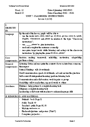 Giáo án Tiếng Anh 3 - Week 12 - Năm học 2023-2024 - Cù Thị Minh Huệ