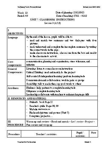 Giáo án Tiếng Anh 3 - Week 13 - Năm học 2023-2024 - Cù Thị Kim Huệ