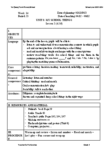 Giáo án Tiếng Anh 3 - Week 14 - Năm học 2023-2024 - Cù Thị Kim Huệ