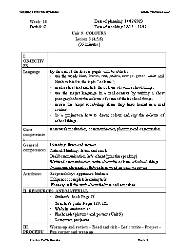Giáo án Tiếng Anh 3 - Week 16 - Năm học 2023-2024 - Cù Thị Kim Huế