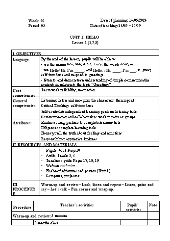 Giáo án Tiếng Anh 3 - Week 2 - Năm học 2024-2025