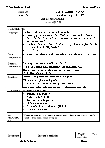 Giáo án Tiếng Anh 3 - Week 20 - Năm học 2023-2024 - Cù Thị Kim Huệ