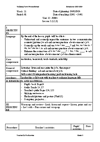 Giáo án Tiếng Anh 3 - Week 21 - Năm học 2023-2024 - Cù Thị Kim Huệ