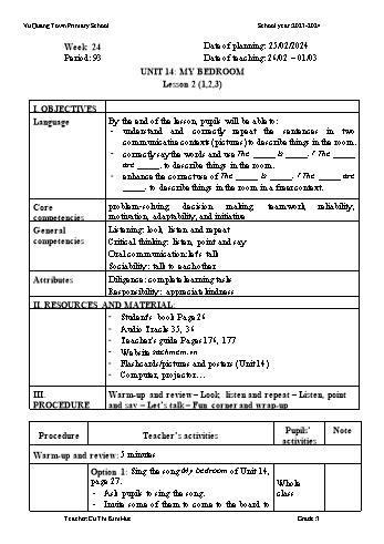 Giáo án Tiếng Anh 3 - Week 24 - Năm học 2023-2024 - Cù Thị Minh Huệ