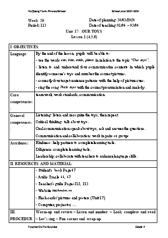 Giáo án Tiếng Anh 3 - Week 29 - Năm học 2023-2024 - Cù Thị Kim Huế