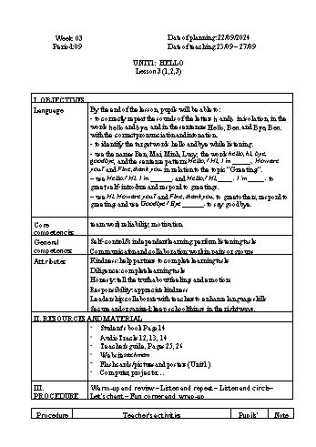 Giáo án Tiếng Anh 3 - Week 3 - Năm học 2024-2025