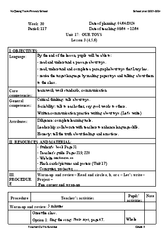 Giáo án Tiếng Anh 3 - Week 30 - Năm học 2023-2024 - Cù Thị Kim Huế