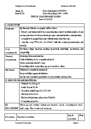 Giáo án Tiếng Anh 3 - Week 31 - Năm học 2023-2024 - Cù Thị Kim Huế