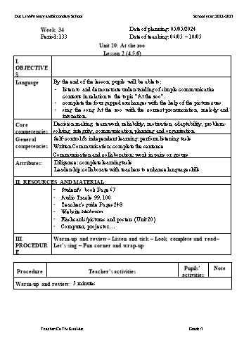 Giáo án Tiếng Anh 3 - Week 34 - Năm học 2022-2023 - Cù Thị Kim Huế
