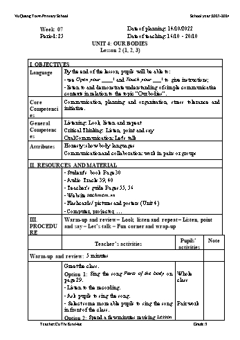 Giáo án Tiếng Anh 3 - Week 7 - Năm học 2023-2024 - Cù Thi Kim Huệ