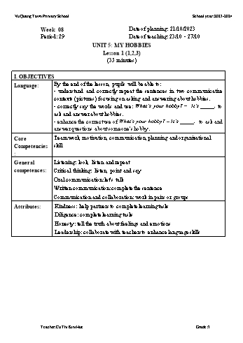 Giáo án Tiếng Anh 3 - Week 8 - Năm học 2023-2024 - Cù Thị Kim Huệ