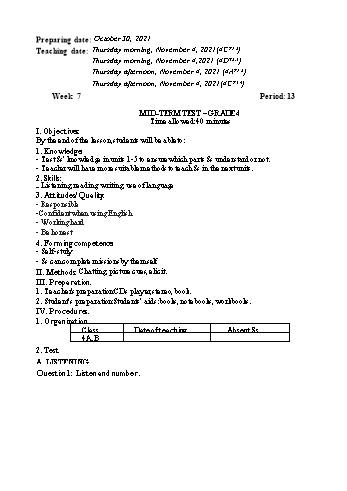 Giáo án Tiếng Anh 3+4 - Week 7 - Năm học 2021-2022