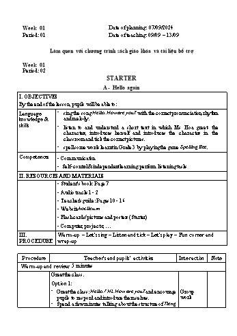 Giáo án Tiếng Anh 4 - Week 1 - Năm học 2024-2025