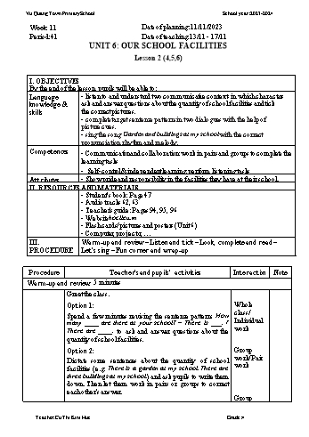 Giáo án Tiếng Anh 4 - Week 11 - Năm học 2023-2024 - Cù Thị Kim Huệ