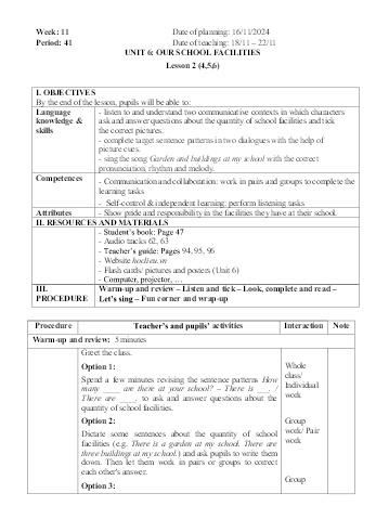 Giáo án Tiếng Anh 4 - Week 11 - Năm học 2024-2025