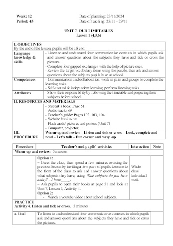 Giáo án Tiếng Anh 4 - Week 12 - Năm học 2024-2025