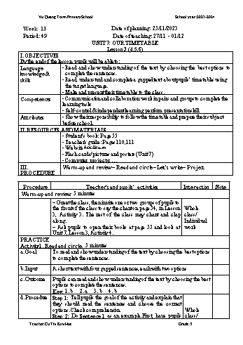Giáo án Tiếng Anh 4 - Week 13 - Năm học 2023-2024 - Cù Thị Kim Huệ