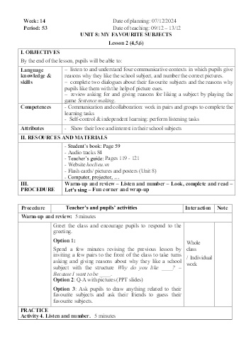 Giáo án Tiếng Anh 4 - Week 14 - Năm học 2024-2025