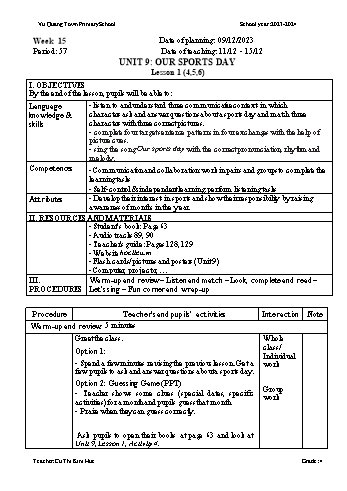 Giáo án Tiếng Anh 4 - Week 15 - Năm học 2023-2024 - Cù Thị Kim Huệ