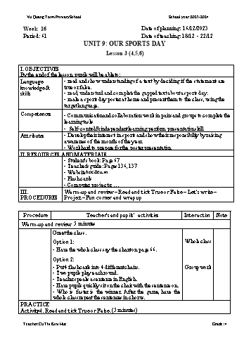 Giáo án Tiếng Anh 4 - Week 16 - Năm học 2023-2024 - Cù Thị Kim Huệ