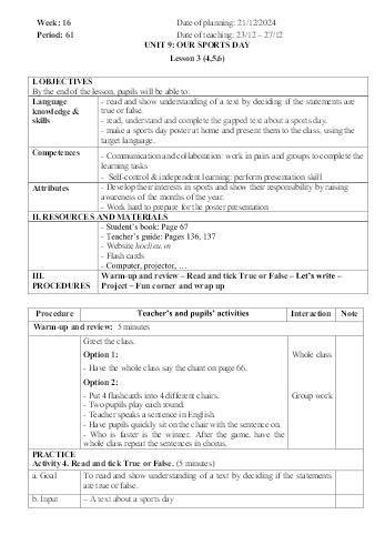 Giáo án Tiếng Anh 4 - Week 16 - Năm học 2024-2025