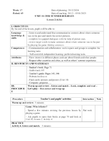 Giáo án Tiếng Anh 4 - Week 17 - Năm học 2024-2025