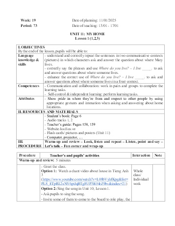 Giáo án Tiếng Anh 4 - Week 19 - Năm học 2024-2025