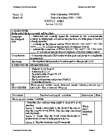 Giáo án Tiếng Anh 4 - Week 21 - Năm học 2023-2024 - Cù Thị Kim Huệ