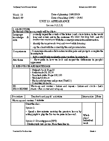 Giáo án Tiếng Anh 4 - Week 23 - Năm học 2023-2024 - Cù Thị Kim Huệ
